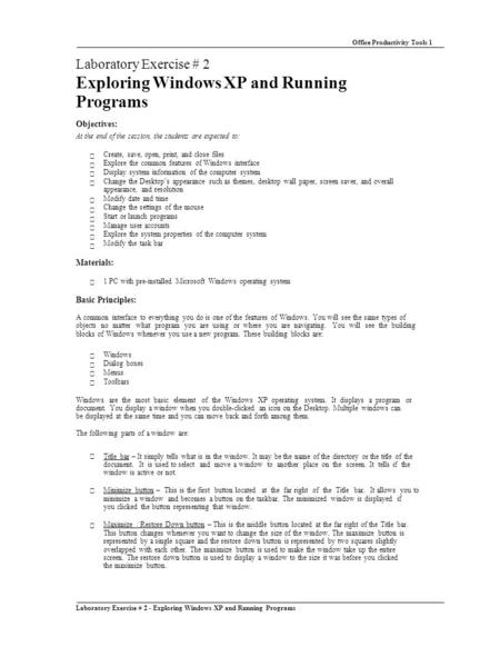 Laboratory Exercise # 2 - Exploring Windows XP and Running Programs Office Productivity Tools 1 Laboratory Exercise # 2 Exploring Windows XP and Running.