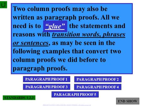 1 STANDARDS 1,2,3 END SHOW PARAGRAPH PROOF 1 PARAGRAPH PROOF 2 PARAGRAPH PROOF 3 PARAGRAPH PROOF 4 Two column proofs may also be written as paragraph proofs.