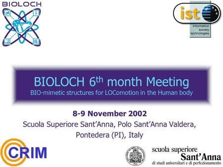 BIOLOCH 6 th month Meeting BIO-mimetic structures for LOComotion in the Human body 8-9 November 2002 Scuola Superiore Sant’Anna, Polo Sant’Anna Valdera,