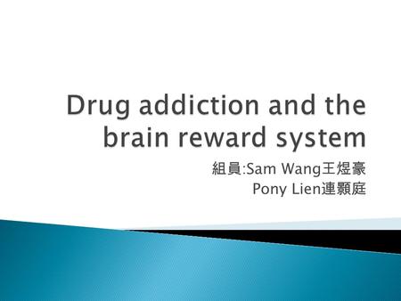 組員 :Sam Wang 王煜豪 Pony Lien 連顥庭.  Reward-- positive value of an internal physical state  Incentive motivation Affect (Want) (Like)  Incentive salience.