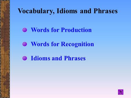 Words for Production Words for Recognition Idioms and Phrases Vocabulary, Idioms and Phrases.