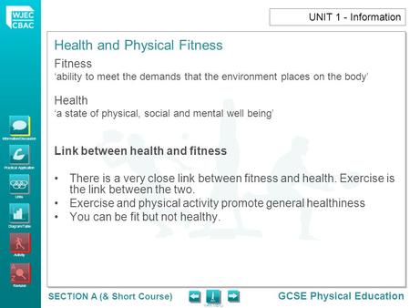 Information/Discussion Practical Application Links Diagram/Table Activity Revision GCSE Physical Education MAIN MENU Health and Physical Fitness SECTION.