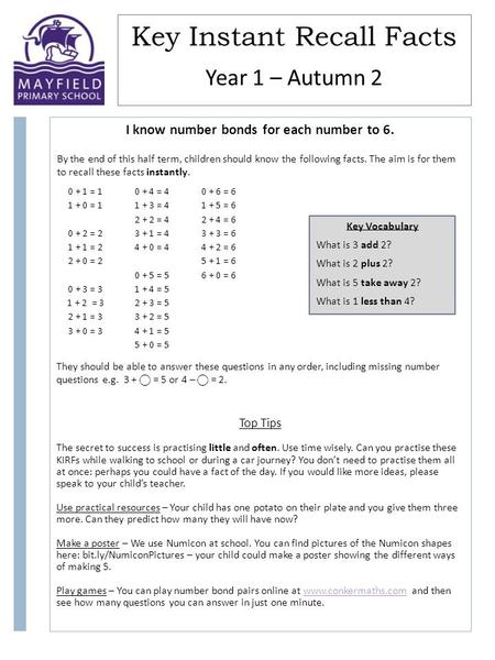 Key Instant Recall Facts By the end of this half term, children should know the following facts. The aim is for them to recall these facts instantly. Year.