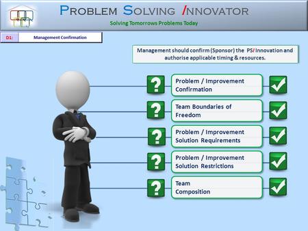 P roblem S olving I nnovator Solving Tomorrows Problems Today Problem / Improvement Confirmation Problem / Improvement Confirmation Management should.