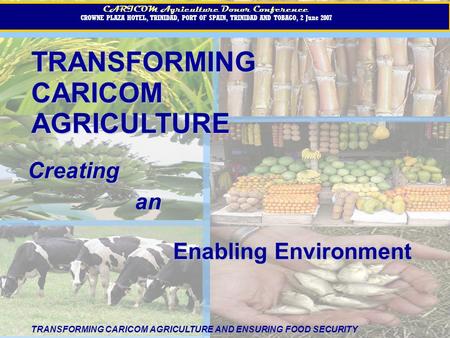 TRANSFORMINGCARICOMAGRICULTURE CARICOM Agriculture Donor Conference CROWNE PLAZA HOTEL, TRINIDAD, PORT OF SPAIN, TRINIDAD AND TOBAGO, 2 June 2007 CARICOM.