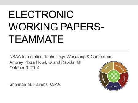 ELECTRONIC WORKING PAPERS- TEAMMATE NSAA Information Technology Workshop & Conference Amway Plaza Hotel, Grand Rapids, MI October 3, 2014 Shannah M. Havens,