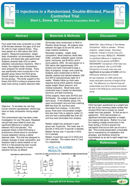 HCG Injections in a Randomized, Double-Blinded, Placebo- Controlled Trial Sheri L. Emma, MD, Dr. Emma’s Corporation, Brick, NJ Materials & MethodsAbstract.