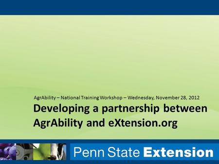 Developing a partnership between AgrAbility and eXtension.org AgrAbility – National Training Workshop – Wednesday, November 28, 2012.