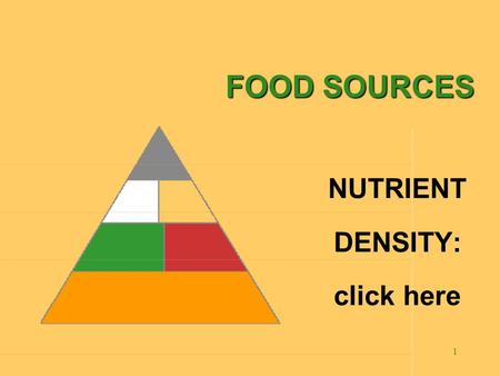 1 FOOD SOURCES NUTRIENT DENSITY: click here 2 There are 28 slides In this program. Click with your mouse, to move on the next slide. Be sure to read.