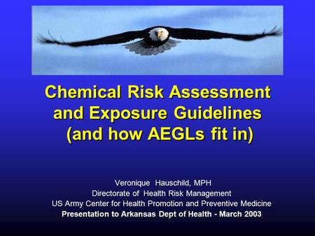 Chemical Risk Assessment and Exposure Guidelines (and how AEGLs fit in) Veronique Hauschild, MPH Directorate of Health Risk Management US Army Center for.