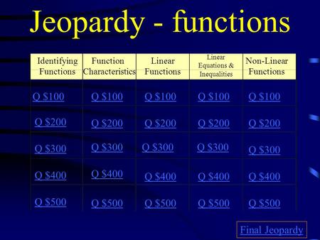 Jeopardy - functions Q $100 Q $100 Q $100 Q $100 Q $100 Q $200 Q $200