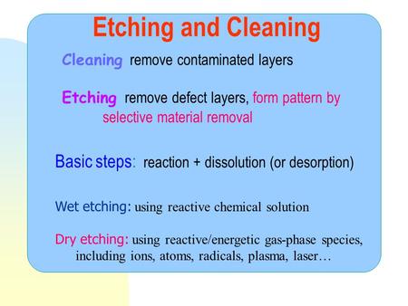 Etching and Cleaning Cleaning remove contaminated layers Etching remove defect layers, form pattern by selective material removal Wet etching: using reactive.