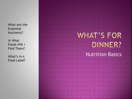 Nutrition Basics What are the Essential Nutrients? In What Foods Will I Find Them? What’s In A Food Label?