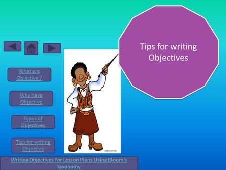 What are Objective ? Why have Objective Types of Objectives Tips for writing Objective Writing Objectives for Lesson Plans Using Bloom’s Taxonomy Tips.