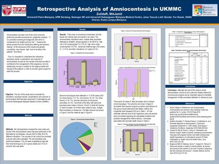 TEMPLATE DESIGN © 2008 www.PosterPresentations.com Retrospective Analysis of Amniocentesis in UKMMC ZulidaR, MAJamil Universiti Putra Malaysia, UPM Serdang,