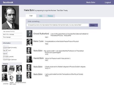 Facebook Niels Bohr is preparing to sign the Nuclear Test Ban Treaty Niels BohrLogout View photos of N.B. (5) Send N.B. a message Poke message Wall InfoPhotos.