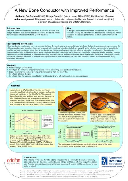 A New Bone Conductor with Improved Performance Authors: Eric Burwood (NAL); George Raicevich (NAL); Harvey Dillon (NAL); Carit Laursen (Ortofon) Acknowledgement: