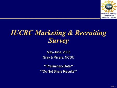 Slide 1 Industry/University Cooperative Research Centers IUCRC Marketing & Recruiting Survey May-June, 2005 Gray & Rivers, NCSU **Preliminary Data** **Do.