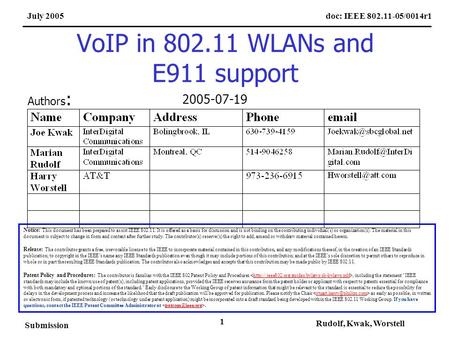 Doc: IEEE 802.11-05/0014r1July 2005 Submission Rudolf, Kwak, Worstell 1 VoIP in 802.11 WLANs and E911 support Notice: This document has been prepared to.