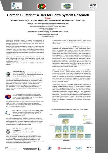 German Cluster of WDCs for Earth System Research - Entwurf - Michael Lautenschlager 1, Michael Diepenbroek 2, Hannes Grobe 2, Michael Bittner 3, Jens Klump.