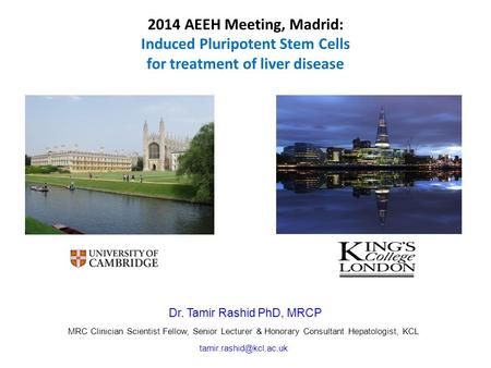 Dr. Tamir Rashid PhD, MRCP MRC Clinician Scientist Fellow, Senior Lecturer & Honorary Consultant Hepatologist, KCL 2014 AEEH Meeting,