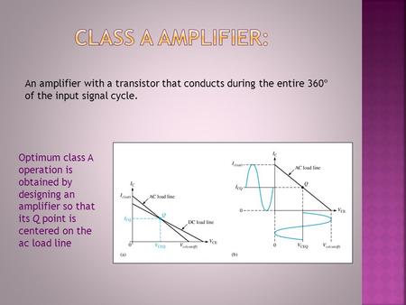 An amplifier with a transistor that conducts during the entire 360º of the input signal cycle. Optimum class A operation is obtained by designing an amplifier.