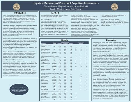 Linguistic Demands of Preschool Cognitive Assessments Glenna Bieno, Megan Eparvier, Anne Kulinski Faculty Mentor: Mary Beth Tusing Method We employed three.