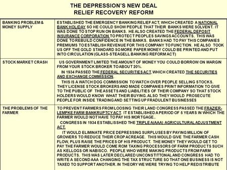 THE DEPRESSION’S NEW DEAL RELIEF RECOVERY REFORM BANKING PROBLEM & MONEY SUPPLY ESTABLISHED THE EMERGENCY BANKING RELIEF ACT, WHICH CREATED A NATIONAL.