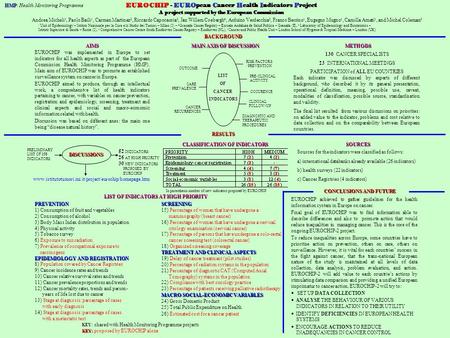 EUROCHIP - EUROpean Cancer Health Indicators Project A project supported by the European Commission Andrea Micheli 1, Paolo Baili 1, Carmen Martinez 2,