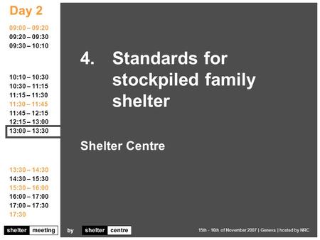 Day 2 by 15th - 16th of November 2007 | Geneva | hosted by NRC 09:00 – 09:20 09:20 – 09:30 09:30 – 10:10 10:10 – 10:30 10:30 – 11:15 11:15 – 11:30 11:30.