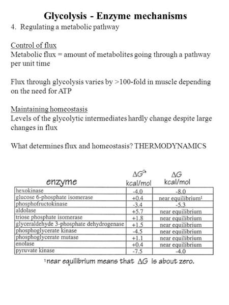 Glycolysis - Enzyme mechanisms 4. Regulating a metabolic pathway Control of flux Metabolic flux = amount of metabolites going through a pathway per unit.