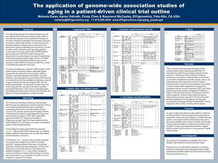 The application of genome-wide association studies of aging in a patient-driven clinical trial outline Melanie Swan, Aaron Vollrath, Cindy Chen & Raymond.