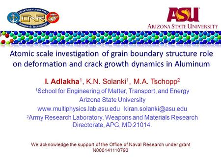 I. Adlakha 1, K.N. Solanki 1, M.A. Tschopp 2 1 School for Engineering of Matter, Transport, and Energy Arizona State University www.multiphysics.lab.asu.edu.