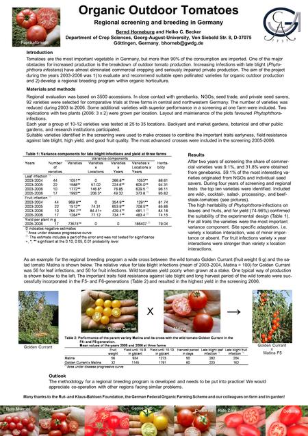 Organic Outdoor Tomatoes Regional screening and breeding in Germany Many thanks to the Rut- and Klaus-Bahlsen Foundation, the German Federal Organic Farming.