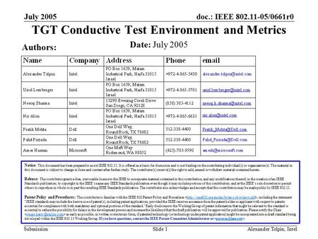 Doc.: IEEE 802.11-05/0661r0 Submission July 2005 Alexander Tolpin, IntelSlide 1 TGT Conductive Test Environment and Metrics Notice: This document has been.