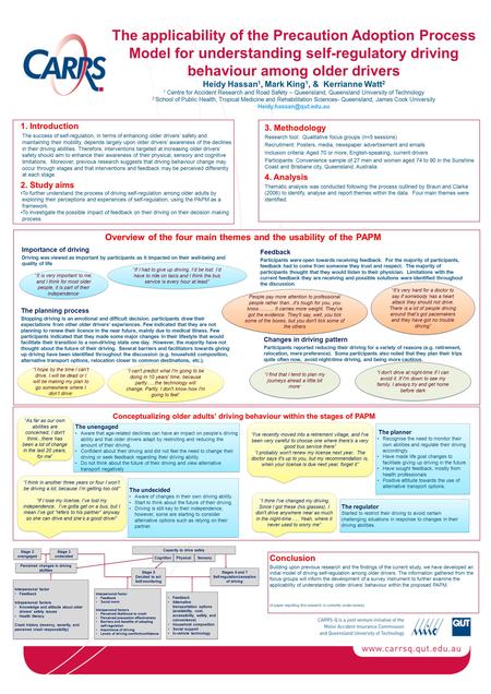 The applicability of the Precaution Adoption Process Model for understanding self-regulatory driving behaviour among older drivers Heidy Hassan 1, Mark.