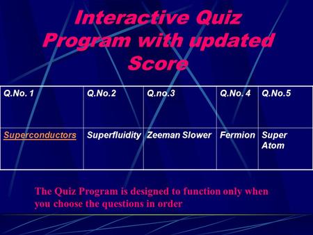 Interactive Quiz Program with updated Score Q.No. 1Q.No.2Q.no.3Q.No. 4Q.No.5 SuperconductorsSuperfluidityZeeman SlowerFermionSuper Atom The Quiz Program.