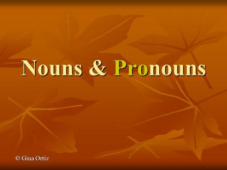 Nouns & Pronouns © Gina Ortiz. What is a NOUN? Nouns are NAMES – Nouns are NAMES – of persons (Tommy, Mary, the boy, the student) of persons (Tommy, Mary,