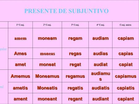 PRESENTE DE SUBJUNTIVO 1ª Conj.2ª Conj.3ª Conj.4ª Conj.Conj. mixta singular amemmoneamregamaudiamcapiam Amesmoneasregasaudiascapias ametmoneatregataudiatcapiat.