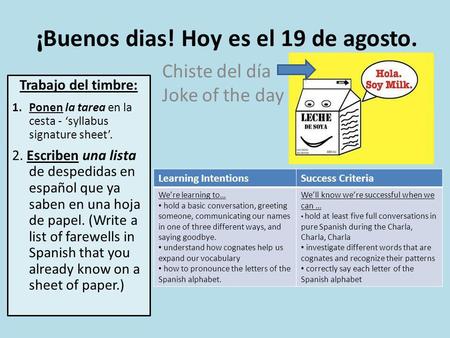 ¡ Buenos dias! Hoy es el 19 de agosto. Trabajo del timbre: 1.Ponen la tarea en la cesta - syllabus signature sheet. 2. Escriben una lista de despedidas.