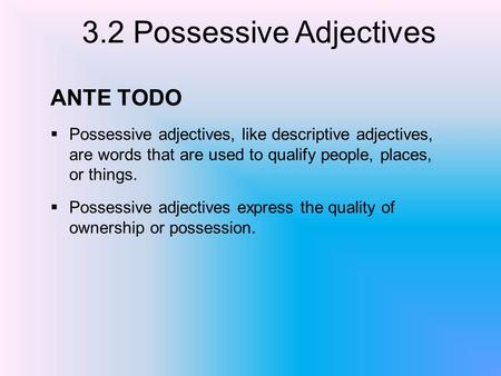 ANTE TODO Possessive adjectives, like descriptive adjectives, are words that are used to qualify people, places, or things. Possessive adjectives express.