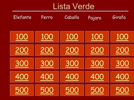 Lista Verde ElefantePerroCaballo Pajaro Girafa 100 200 300 400 500 100 200 300 400 500 100 200 300 400 500 100 200 300 400 500 100 200 300 400 500.