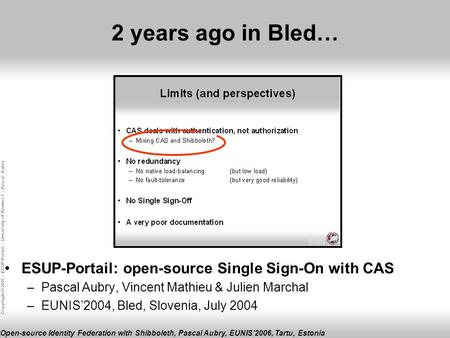 Copyright © 2005 – ESUP-Portail – University of Rennes 1 – Pascal Aubry Open-source Identity Federation with Shibboleth, Pascal Aubry, EUNIS2006, Tartu,