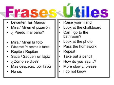 Levanten las Manos Mira / Miren el pizarrón ¿ Puedo ir al baño? Mira / Miren la foto Pásame/ Pásenme la tarea Repite / Repitan Saca / Saquen un lápiz ¿Cómo.