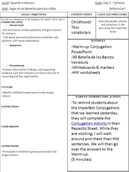 Level: Spanish II Honors Unit: Jugar es un derecho para los niños Date: Day 7 – 50 mins Señora Carl -Warm-up Conjugation PowerPoint -30 Batalla de los.