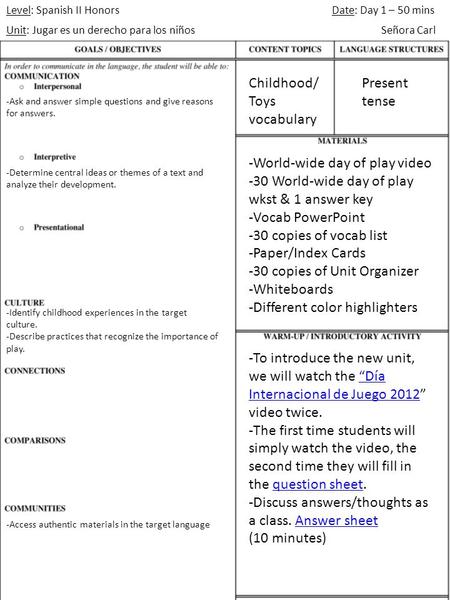 Level: Spanish II Honors Unit: Jugar es un derecho para los niños Date: Day 1 – 50 mins Señora Carl -World-wide day of play video -30 World-wide day of.