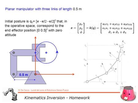 M. De Cecco - Lucidi del corso di Robotica e Sensor Fusion Initial posture is q 0 = [ ] T that, in the operative space, correspond to the end effector.