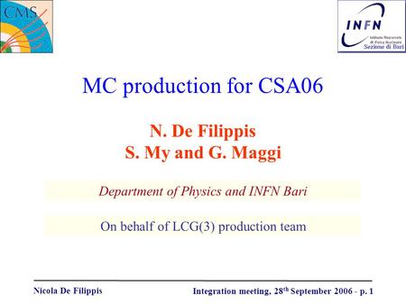 Nicola De Filippis Integration meeting, 28 th September 2006 - p. 1 MC production for CSA06 Department of Physics and INFN Bari N. De Filippis S. My and.