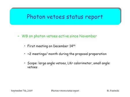 September 7th, 2005Photon vetoes status report R. Fantechi Photon vetoes status report –WG on photon vetoes active since November First meeting on December.