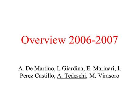 Overview 2006-2007 A. De Martino, I. Giardina, E. Marinari, I. Perez Castillo, A. Tedeschi, M. Virasoro.